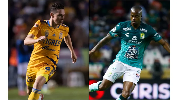 Florian Thauvin #26 of Tigres (left) and Jaine Barreiro #21 of Leon