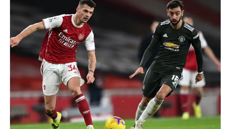 Xhaka of Arsenal (left) fights the ball possession against Bruno Fernandes of Manchester United (Futbolsites)