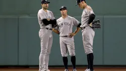 Joey Gallo #13, Brett Gardner #11 and Aaron Judge #99 of the New York Yankees