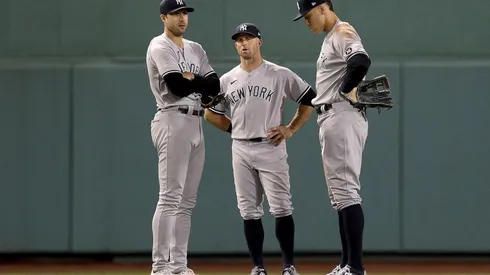 Joey Gallo #13, Brett Gardner #11 and Aaron Judge #99 of the New York Yankees