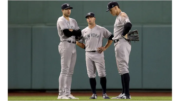 Joey Gallo #13, Brett Gardner #11 and Aaron Judge #99 of the New York Yankees