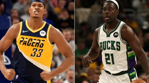 Myles Turner of the Indiana Pacers (left) and Jrue Holiday of the Milwaukee Bucks (right)