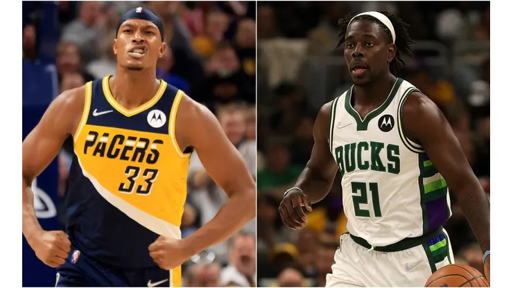 Myles Turner of the Indiana Pacers (left) and Jrue Holiday of the Milwaukee Bucks (right)