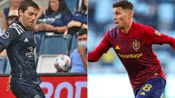 Ilie Sanchez #6 of Sporting Kansas City (left) and Damir Kreilach #8 of Real Salt Lake