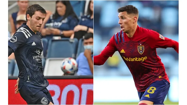 Ilie Sanchez #6 of Sporting Kansas City (left) and Damir Kreilach #8 of Real Salt Lake