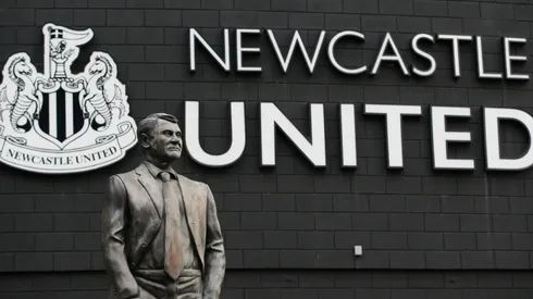 A detailed view of the statue of Sir Bobby Robson outside the Newcastle stadium