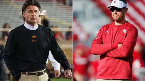 Head coach Mike Gundy of Oklahoma State Cowboys (left) and Head coach Lincoln Riley of Oklahoma Sooners