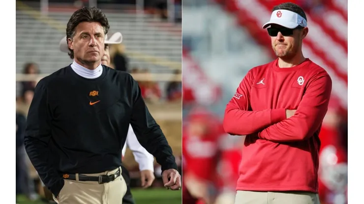 Head coach Mike Gundy of Oklahoma State Cowboys (left) and Head coach Lincoln Riley of Oklahoma Sooners