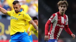 Alvaro Negredo of Cadiz CF (left) and Antoine Griezmann of Atletico Madrid