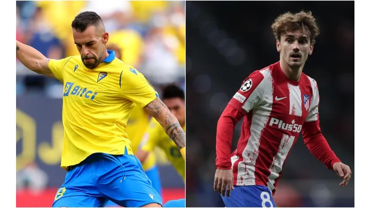 Alvaro Negredo of Cadiz CF (left) and Antoine Griezmann of Atletico Madrid