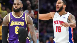 LeBron James of the Los Angeles Lakers (left) and Cory Joseph of the Detroit Pistons (right)