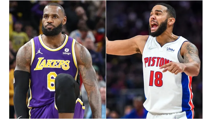 LeBron James of the Los Angeles Lakers (left) and Cory Joseph of the Detroit Pistons (right)