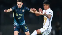Alvaro Fidalgo of Club America (left) against Leonel Lopez of Pumas UNAM.