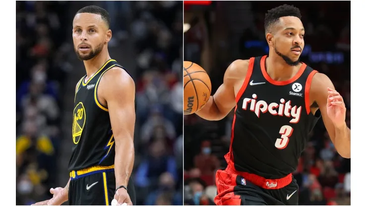 Stephen Curry of the Golden State Warriors (left) and CJ McCollum of the Portland Trail Blazers (right)