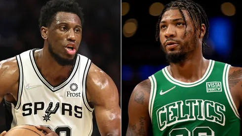 Thaddeus Young of the San Antonio Spurs (left) and Marcus Smart of the Boston Celtics (right)