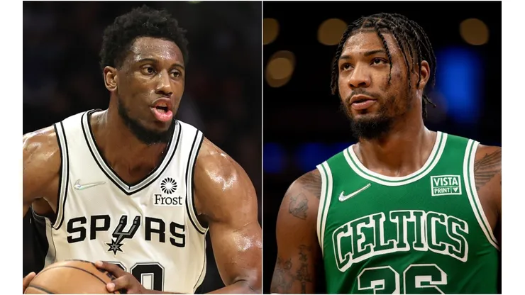Thaddeus Young of the San Antonio Spurs (left) and Marcus Smart of the Boston Celtics (right)
