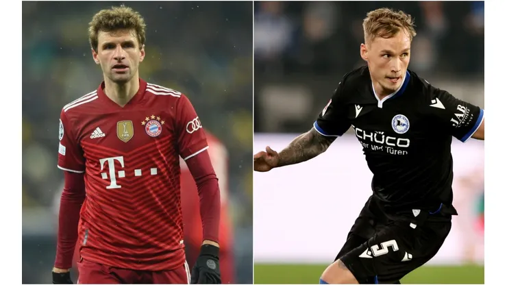 Thomas Muller of Bayern (left) and Jacob Barrett Laursen of Arminia (right)
