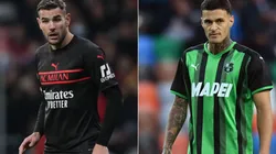 Theo Hernandez of Milan (left) and Gianluca Scamacca of Sassuolo (right)