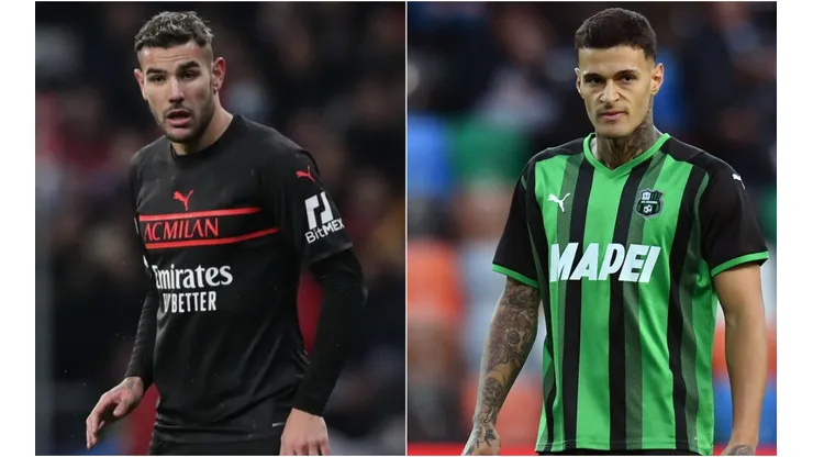 Theo Hernandez of Milan (left) and Gianluca Scamacca of Sassuolo (right)