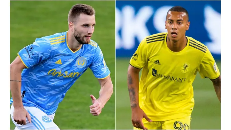 Kacper Przybyłko of Philadelphia Union (left) and Jhonder Cadiz of Nashville.