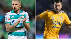 Diego Valdes of Santos Laguna (left) and Andre-Pierre Gignac of Tigres UANL (right)
