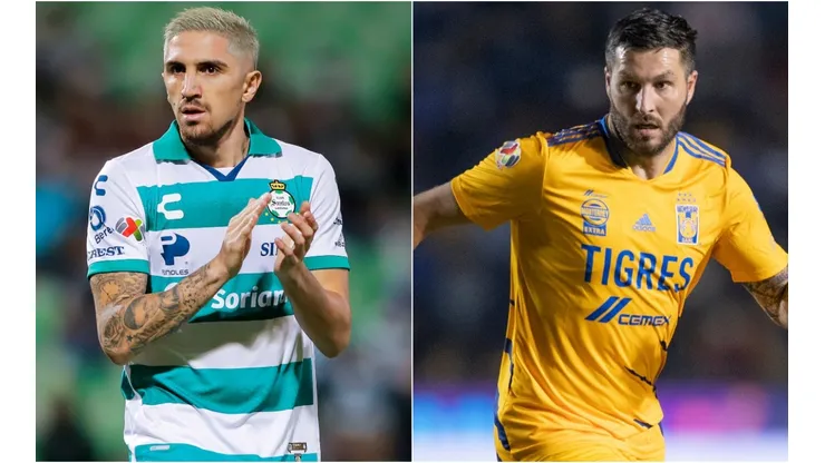 Diego Valdes of Santos Laguna (left) and Andre-Pierre Gignac of Tigres UANL (right)