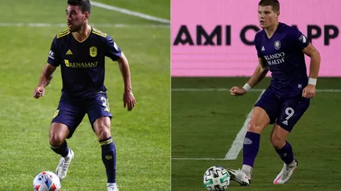 Daniel Lovitz of Nashville SC (left) and Chris Mueller of Orlando City