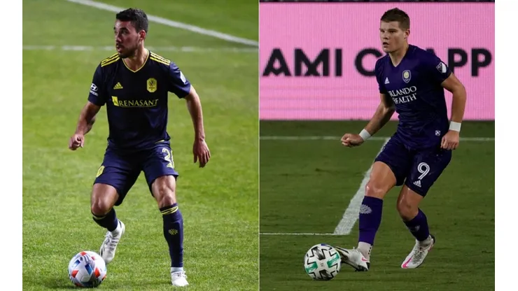 Daniel Lovitz of Nashville SC (left) and Chris Mueller of Orlando City