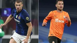 Edin Dzeko of FC Inter Milan (left) and Alan Patrick of FC Shakhtar Donetsk