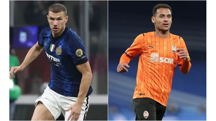 Edin Dzeko of FC Inter Milan (left) and Alan Patrick of FC Shakhtar Donetsk