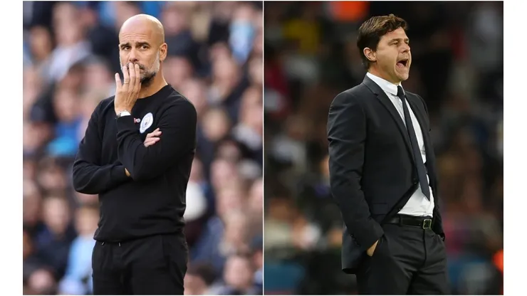 Pep Guardiola of Manchester City (left) and Mauricio Pochettino of PSG