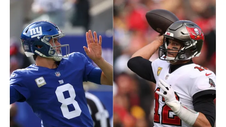 Daniel Jones of New York Giants (left) and Tom Brady of Tampa Bay Buccaneers
