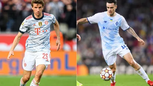 Thomas Muller of Bayern (left) and Mykola Shaparenko of Dynamo Kyiv