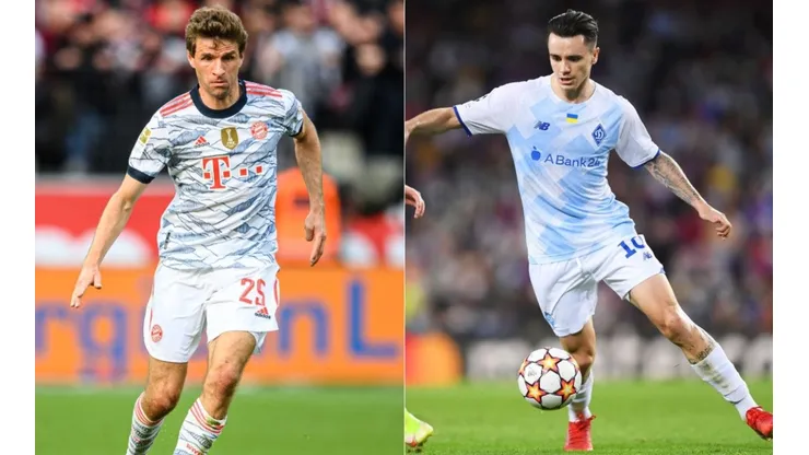 Thomas Muller of Bayern (left) and Mykola Shaparenko of Dynamo Kyiv