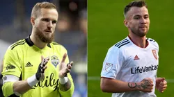 Stefan Frei of Seattle Sounders (left) and Albert Rusnak of Real Salt Lake