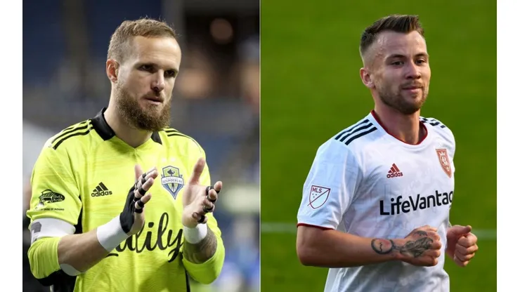 Stefan Frei of Seattle Sounders (left) and Albert Rusnak of Real Salt Lake