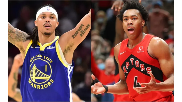 Damion Lee of the Golden State Warriors (left) and Scottie Barnes of the Toronto Raptors (right)