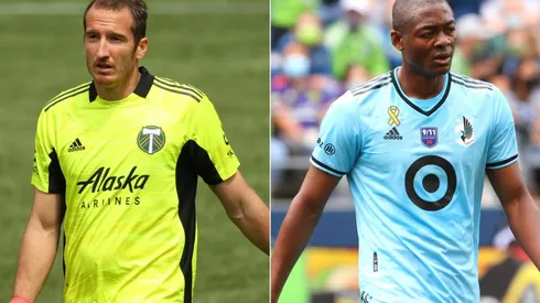 Jeff Attinella of Portland Timbers (left) and Ramon Abila of Minnesota United (right)