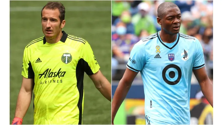 Jeff Attinella of Portland Timbers (left) and Ramon Abila of Minnesota United (right)