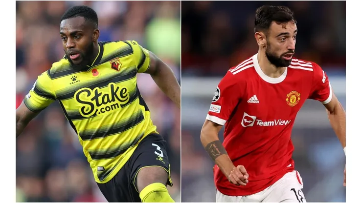Danny Rose of Watford (left) and Bruno Fernandes of Manchester United (right)