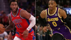 Saddiq Bey of the Detroit Pistons (left) and Russell Westbrook of the Los Angeles Lakers (right_