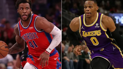 Saddiq Bey of the Detroit Pistons (left) and Russell Westbrook of the Los Angeles Lakers (right_