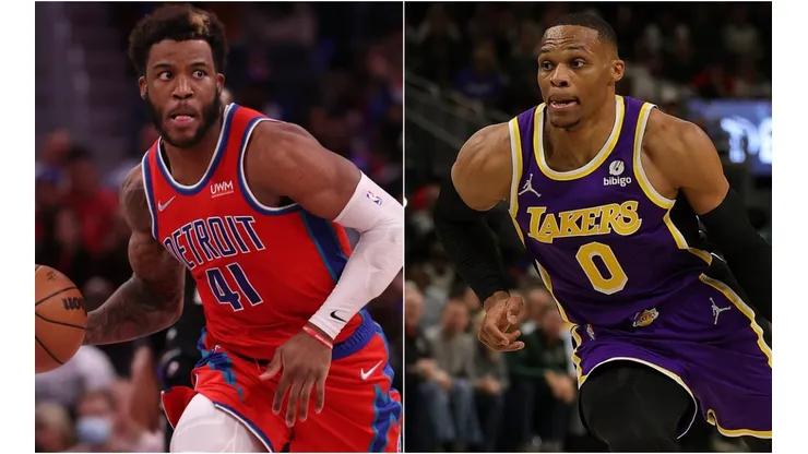 Saddiq Bey of the Detroit Pistons (left) and Russell Westbrook of the Los Angeles Lakers (right_