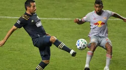 Ilsinho of Philadelphia Union (left) against Cristian Casseres Jr of New York Red Bulls.