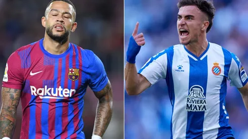 Memphis Depay of Barcelona (left) and Adria Pedrosa of Espanyol (right)