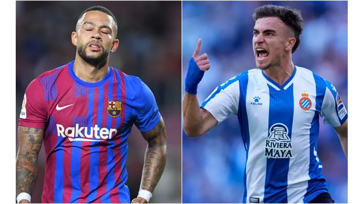 Memphis Depay of Barcelona (left) and Adria Pedrosa of Espanyol (right)