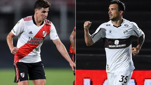Nicolas Bertolo of Platense (left) and Julian Alvarez of River Plate