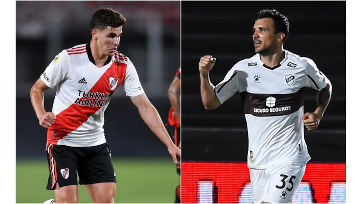 Nicolas Bertolo of Platense (left) and Julian Alvarez of River Plate