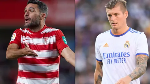 Jorge Molina of Granada (left) and Toni Kroos of Real Madrid (right)