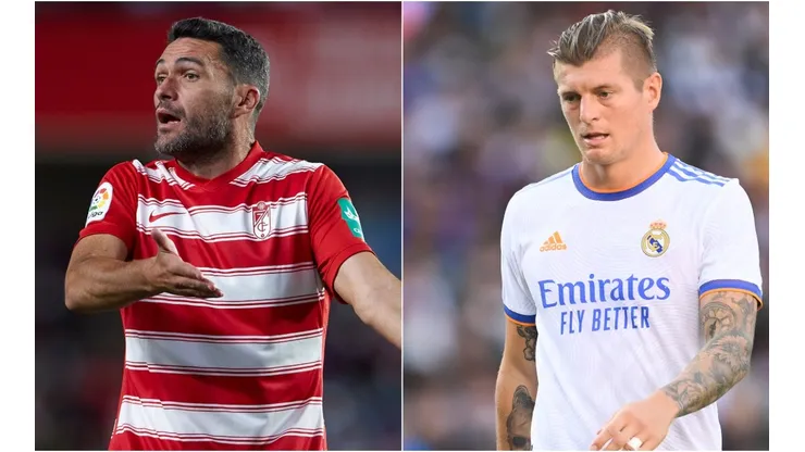 Jorge Molina of Granada (left) and Toni Kroos of Real Madrid (right)
